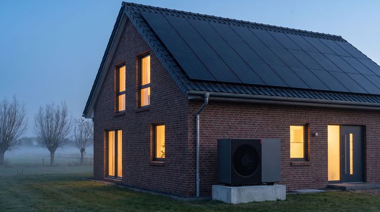 Klinkerhaus mit Solardach und Wärmepumpe zur blauen Stunde
