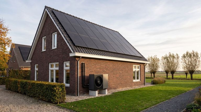 Einfamilienhaus mit Solardach und Viessmann-Wärmepumpe am Feldrand