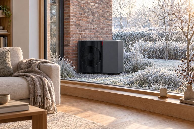 Wohnzimmer im Winter, vor dem Fenster steht das Vitocal-Außengerät im Garten